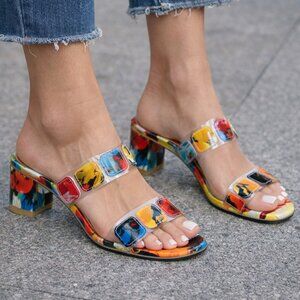 Fashion shoe, sandal, slide, mule, clear acrylic with crystals, Sz 6, block heel